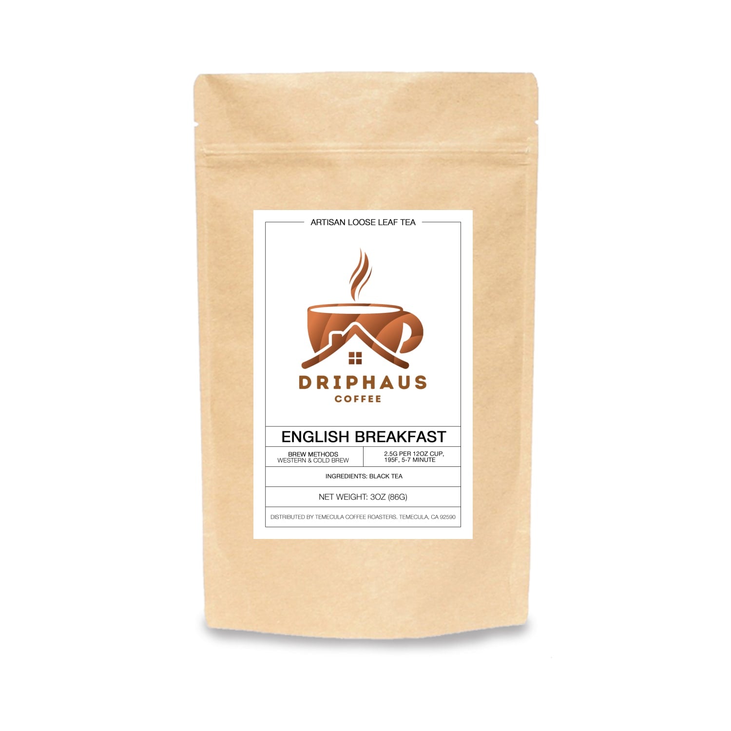 Drip Haus Coffee English Breakfast tea package on a white background