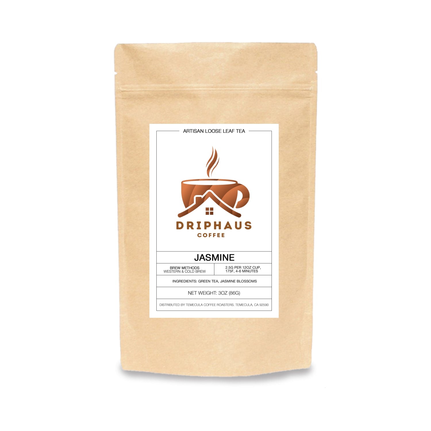 Driphaus Coffee jasmine loose leaf tea package on a white background