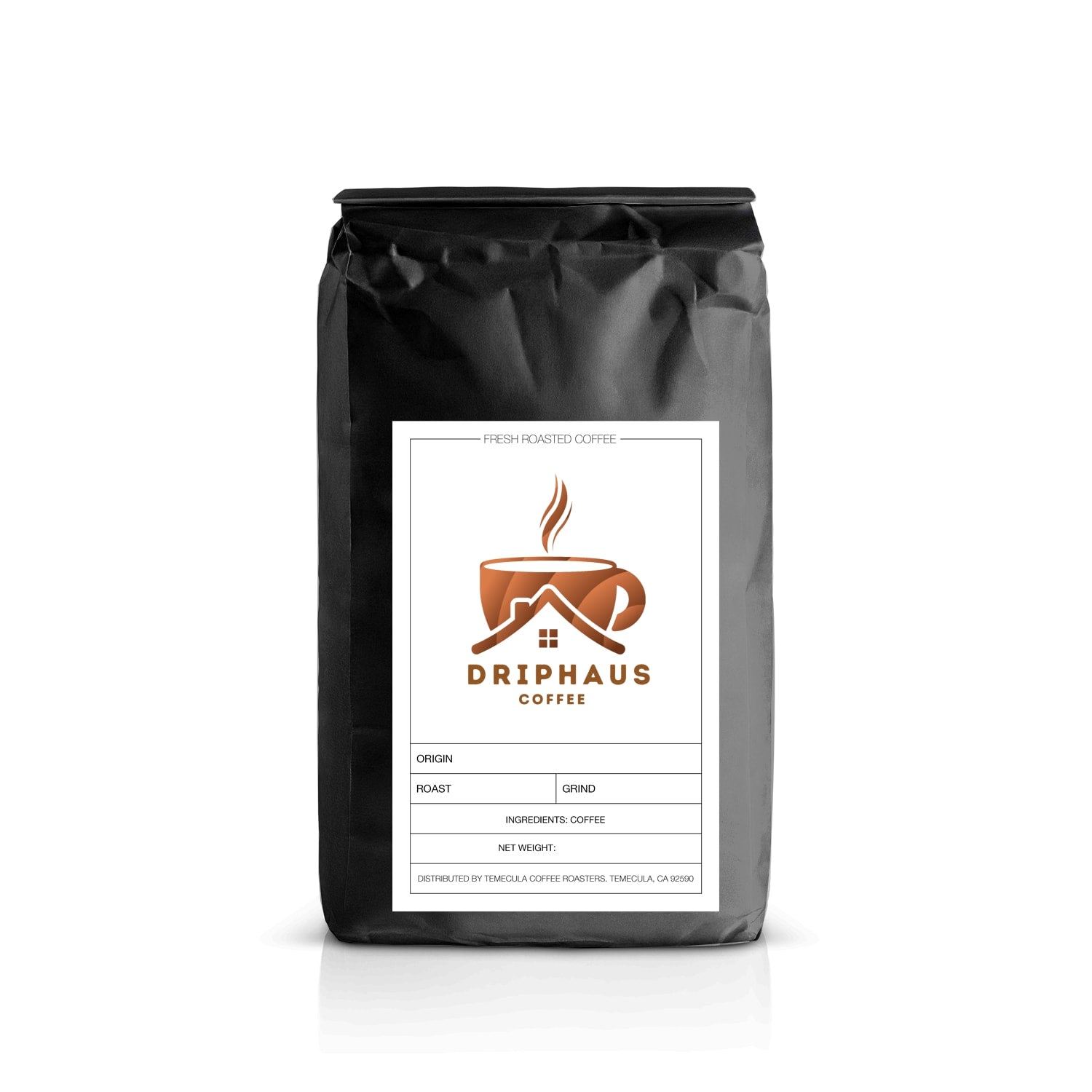 Black coffee bag with Driphaus Coffee logo on a white background